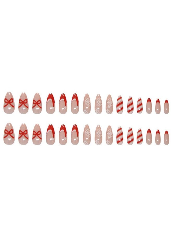 WAFOLOZE Christmas Nails - Short Almond Press On Nails Red French Fake Nails With Bow Stripes Designs Acrylic Artificial Glue On False Nail Press Ons Stick On Nail for Women Girls - Image 5